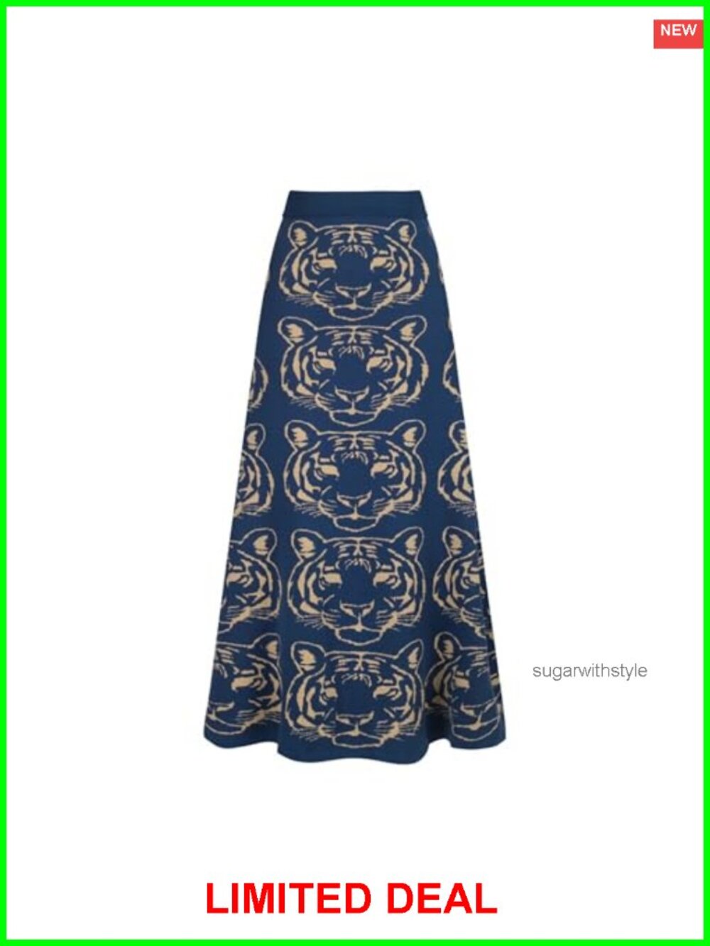 Knitted Midi Skirt Retro Tiger Pattern High Waist A-Line Cotton